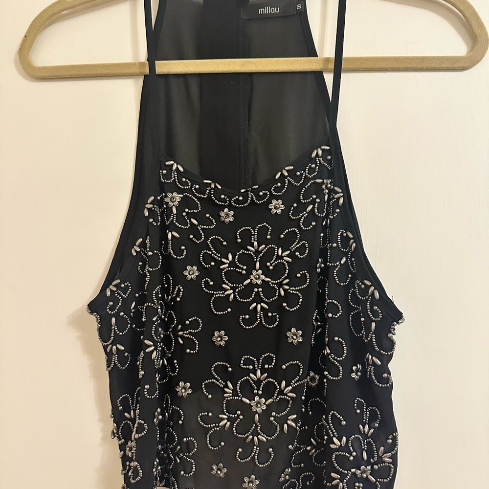 Millau Black Sheer Top with Silver Floral Embellished Design